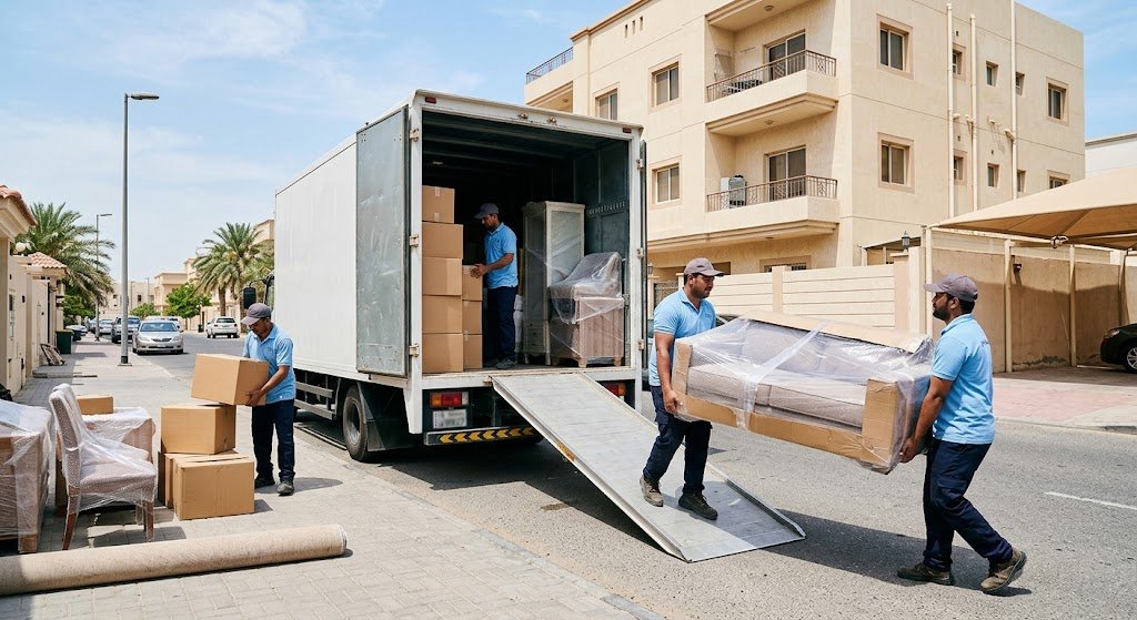 عمال نقل عفش وفنيون يقومون بتغليف ونقل الأثاث باحترافية وأمان في محافظة الجهراء بالكويت