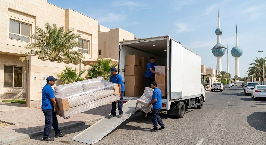عمال نقل عفش وفنيون يقومون بتغليف ونقل الأثاث باحترافية وأمان في منطقة السالمية بالكويت