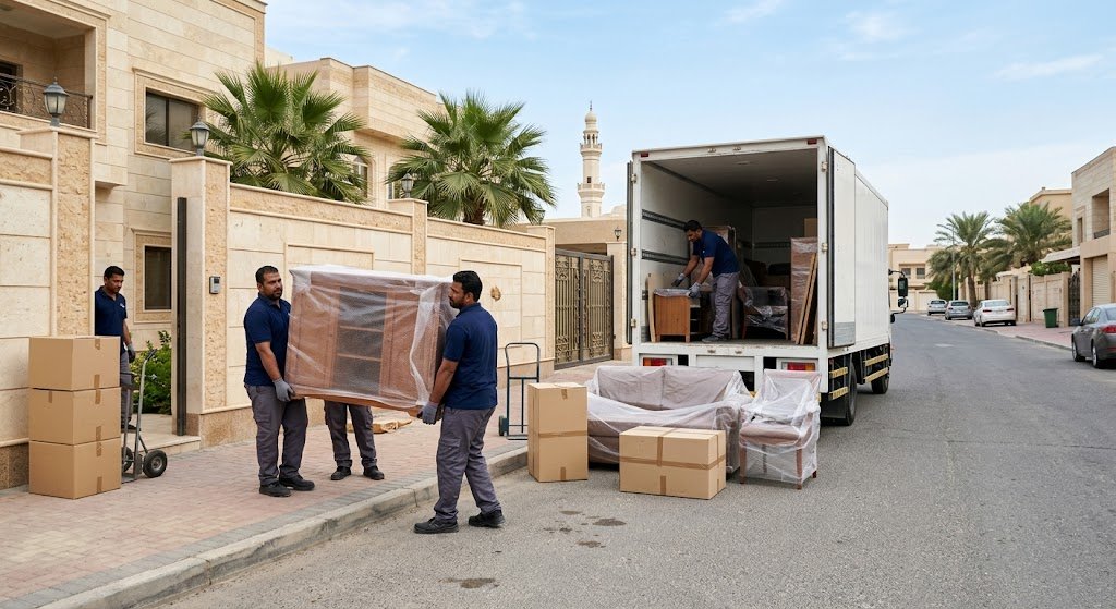 عمال شركة نقل عفش بالكويت يحملون أثاثاً مغلفاً بعناية لضمان عدم تعرضه لأي خدوش أو كسور