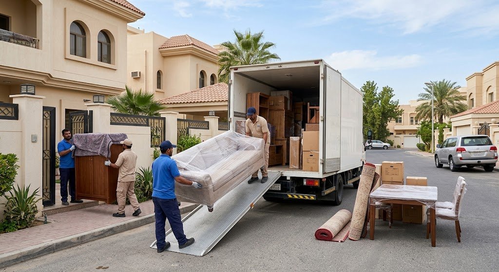 عمال شركة نقل عفش بالكويت يقومون بتغليف قطع الأثاث الثمينة لحمايتها أثناء النقل
