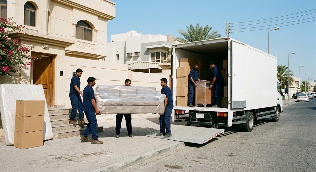 عمال نقل عفش يقومون بنقل وتغليف الأثاث بأمان في منطقة خيطان بالكويت
