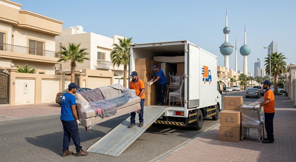 فريق عمل شركة نقل عفش في الكويت يقوم بتغليف ونقل الأثاث بأمان