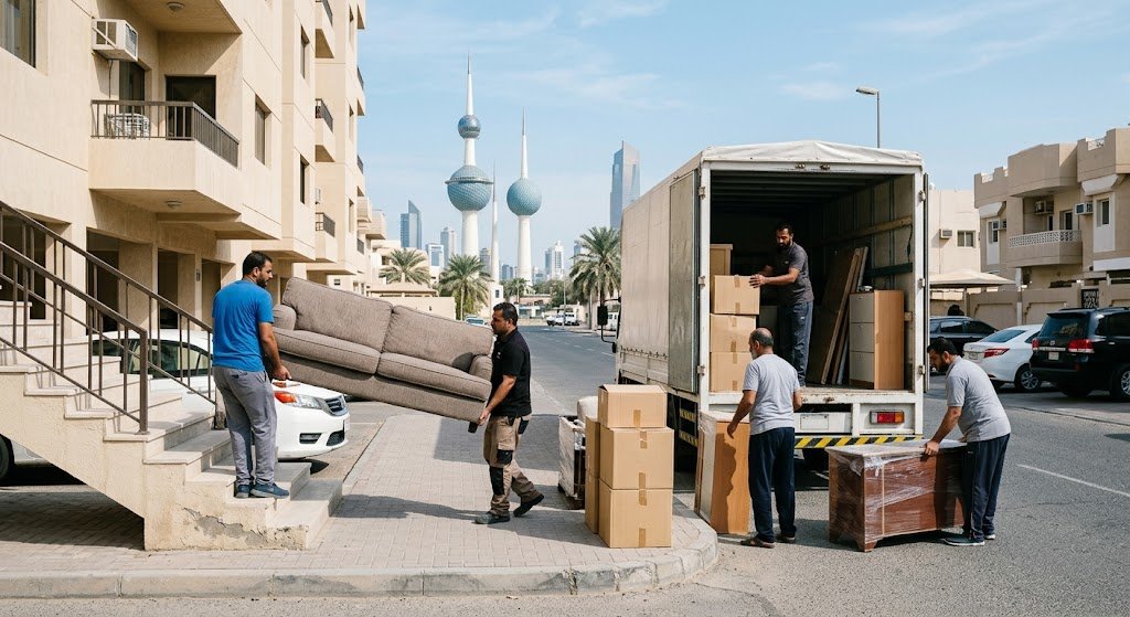 عمال شركة نقل عفش يقومون بتغليف ونقل الأثاث بأمان واحترافية في محافظة الفروانية بالكويت