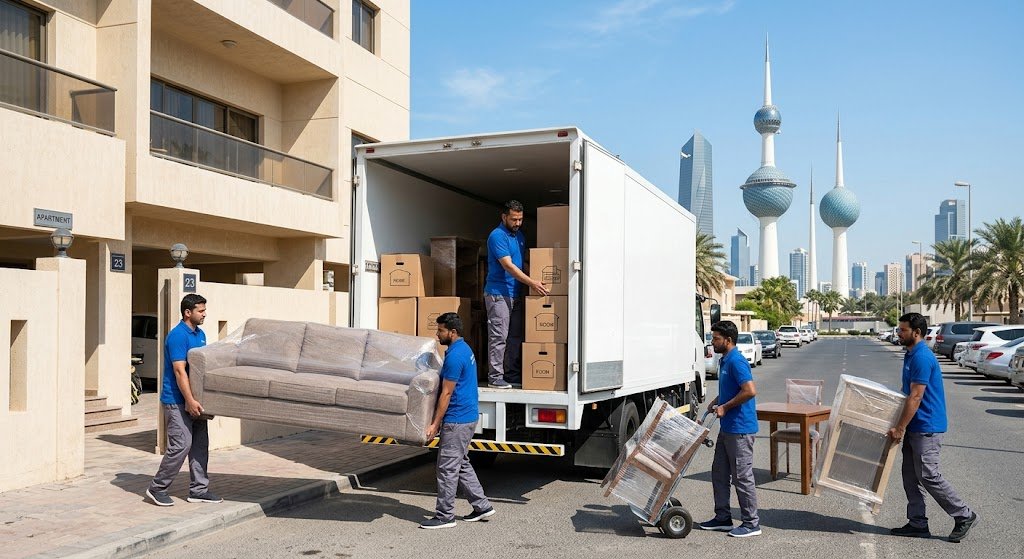 عمال نقل عفش وفنيون يقومون بتغليف ونقل الأثاث باحترافية وأمان في محافظة الأحمدي بالكويت