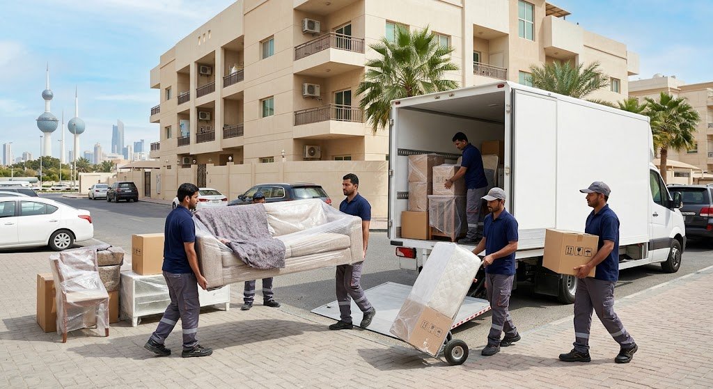 عمال وفنيون ينقلون الأثاث بأمان داخل سيارات نقل مجهزة في محافظة العاصمة بالكويت
