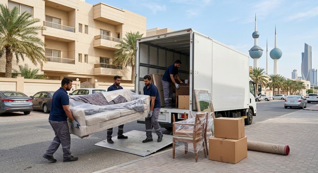 عمال وفنيون يقومون بتغليف ونقل الأثاث باحترافية وأمان في منطقة الجابرية بالكويت