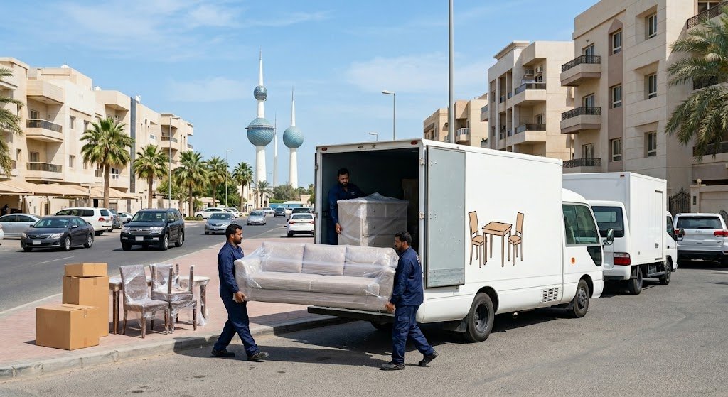 سيارة وعمال نقل عفش يقومون بنقل الأثاث باحترافية وأمان في محافظة مبارك الكبير بالكويت
