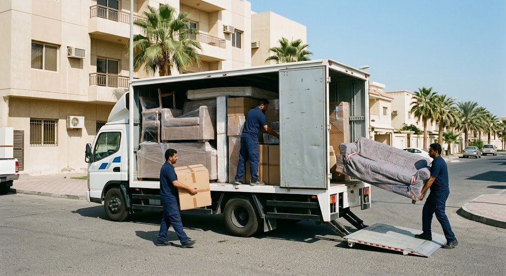 عمال وفنيون يقومون بتغليف ونقل الأثاث باحترافية وأمان في منطقة حولي بالكويت